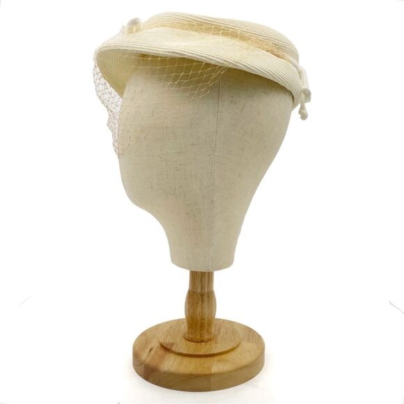 Vintage 1950s Ivory Cream Straw Pillbox Hat Netted Veil Midcentury Fascinator - Picture 5 of 12